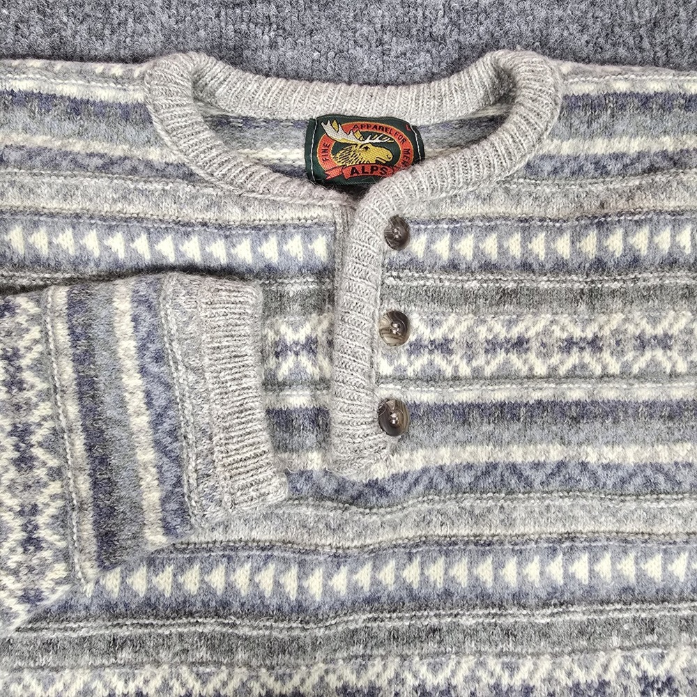 Alps Henley Sweater Fair Isle Mens L Grey Wool Blend Made in USA Gorpcore EUC